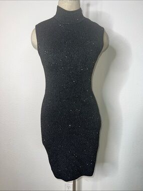 Avec Les Filles Sleeveless Black Sparkle Turtleneck Bodycon Thick Knit Dress